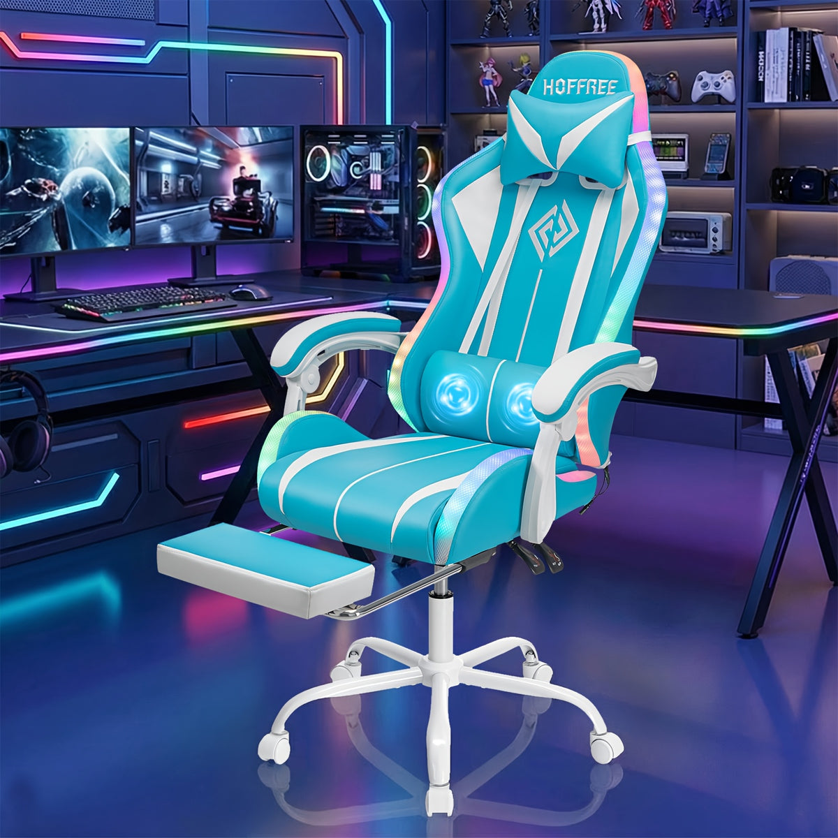 RGB Gaming Chair with LED Lights And Massage Ergonomic Computer Chair High Back Video Game Chair with Footrest And Adjustable Lumbar Support Linkage Armrest