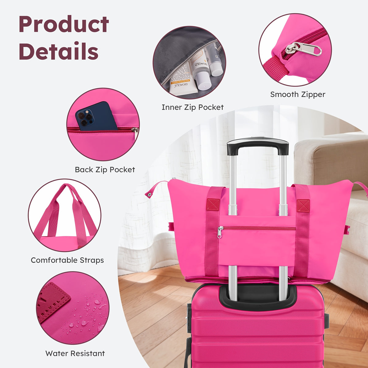 Travel Suitcase Set, Consisting Of 16+20+24+28 Inch Suitcases + Bag Set. Rose Red Suitcase Set. Made Of ABS Material. with Three-section Adjustable Handle And 360° Swivel Wheels