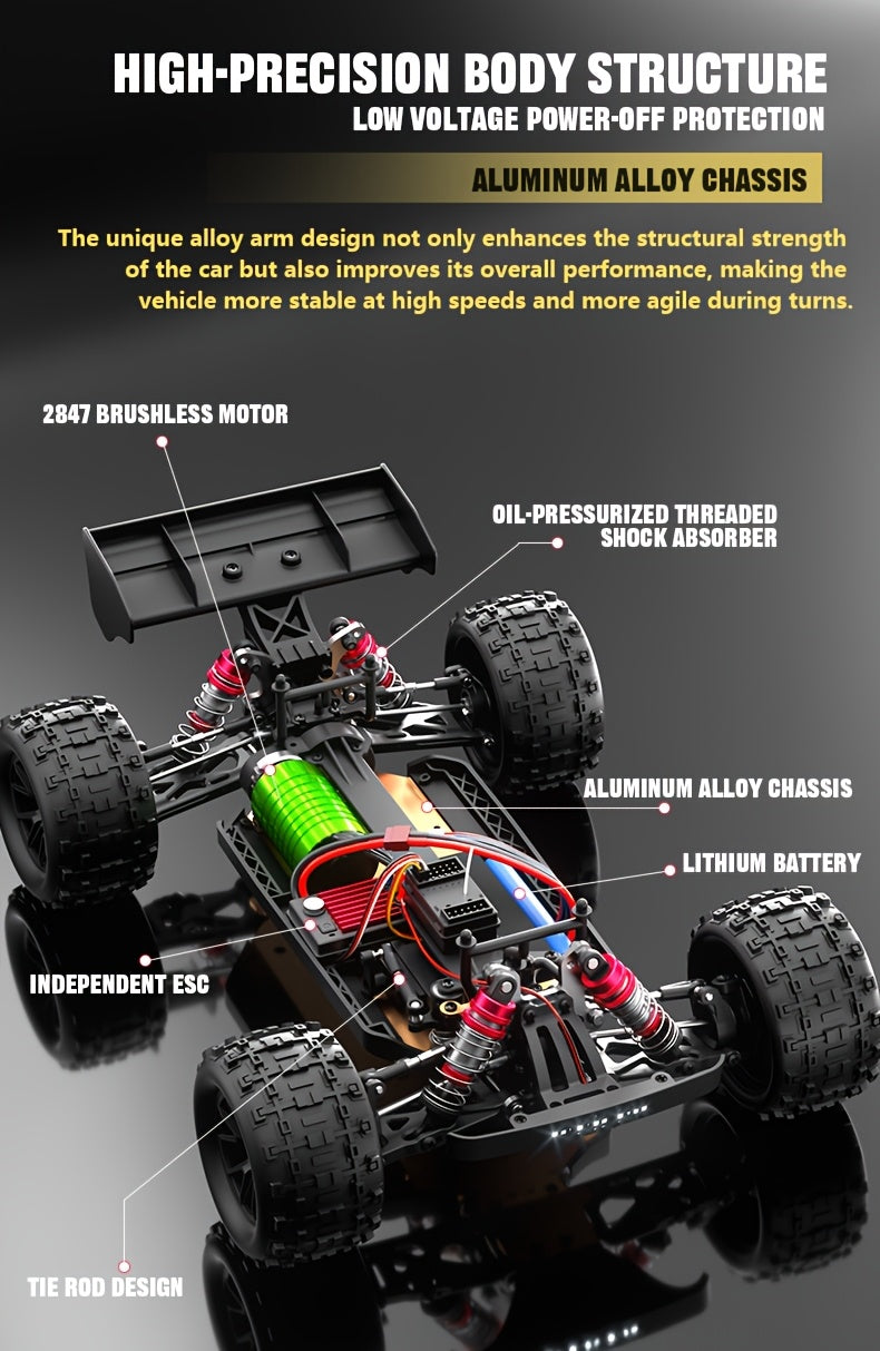 ZHUOYOU 1:12 Full Scale 4WD Brushless RC Car, All Terrain 60KM/H High Speed Off Road Truck, Alloy Chassis, 2.4Ghz, Supports Vehicles Racing Together, 3-Wire 17G Digital Servo, LED Light