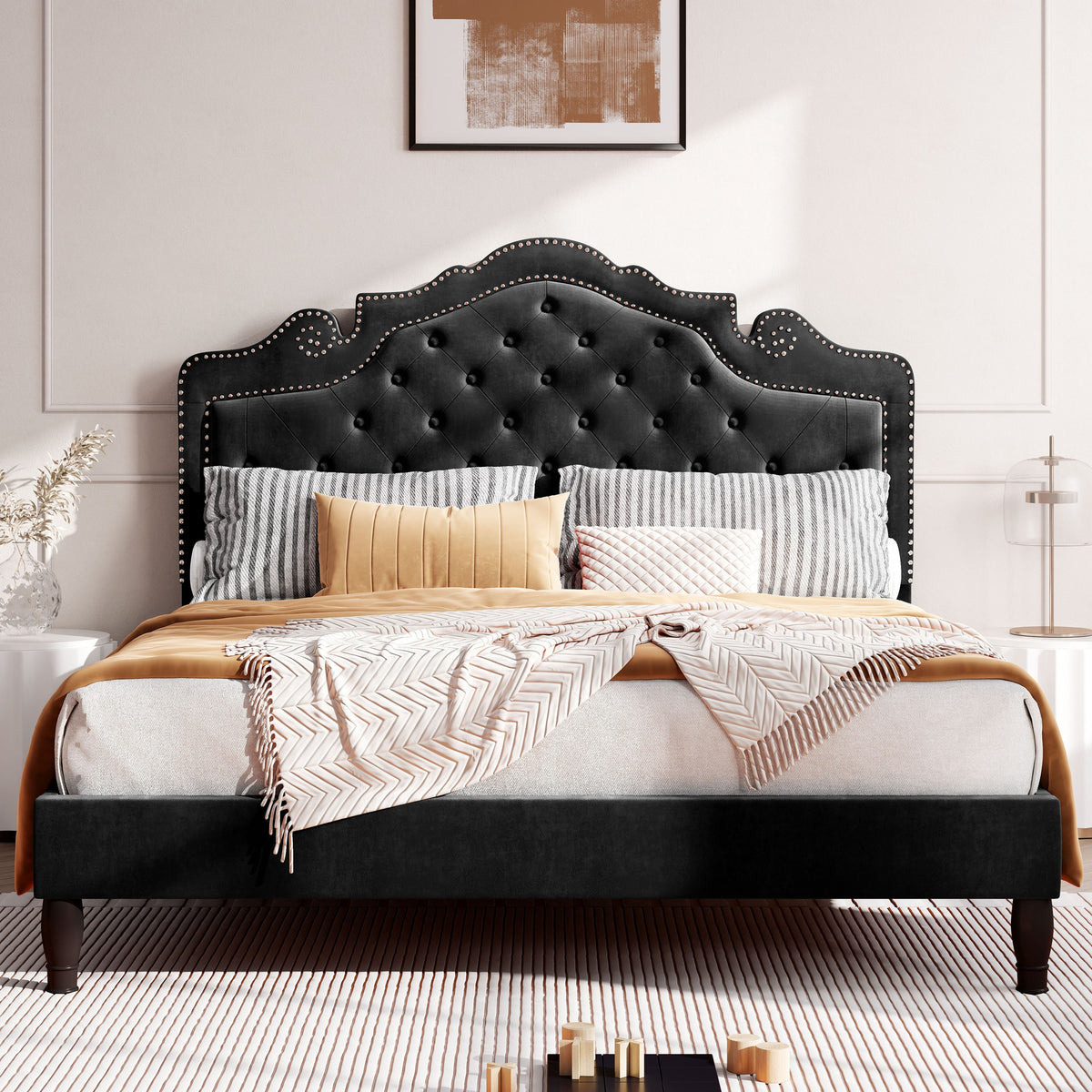 HOOMIC Full/Queen/King Size Bed Frame with Adjustable Velvet Tiara Headboard, Upholstered Diamond Button Tufted Platform Bed, Wooden Slats Support, No Box Spring Needed, Easy Assembly, Black