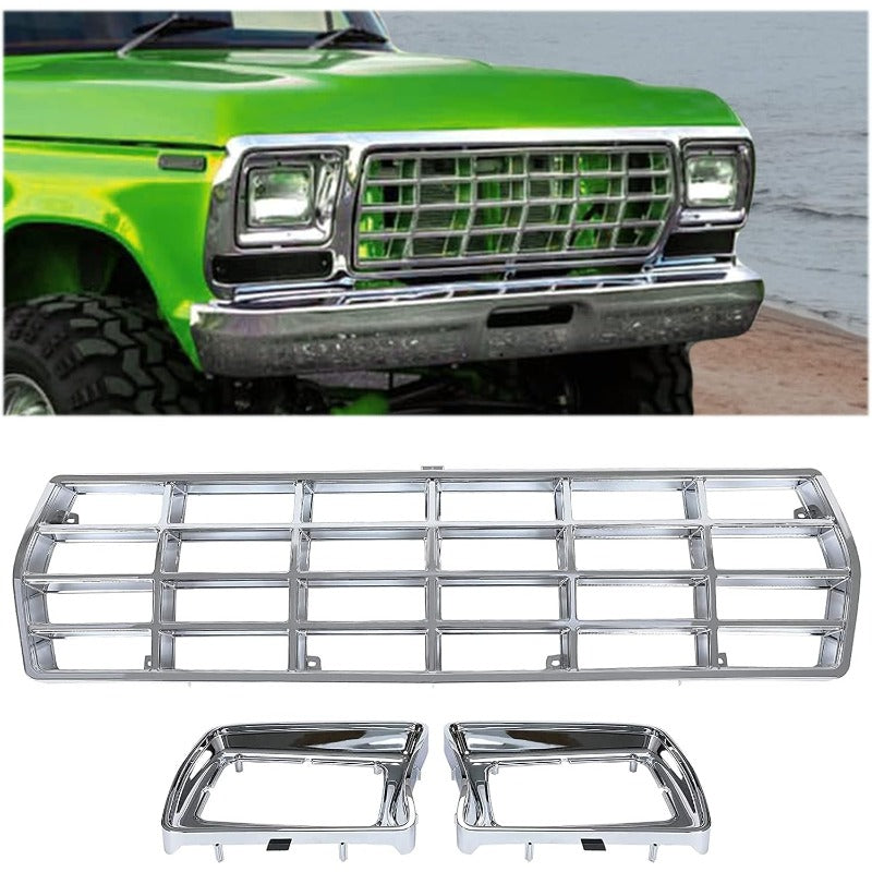 Grille & Headlight Bezel for 1978-1979 Ford Bronco, F100, F150, F250, F350 Replacement for FO1200111, D8TZ8150C, FO2513115, FO2512114, Chrome ABS Plastic