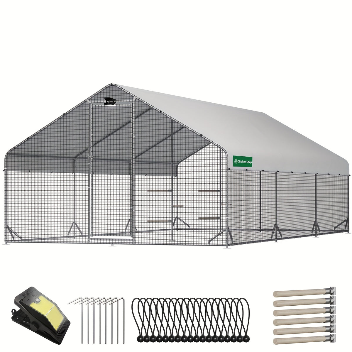 Large Walk-in Metal Chicken Coop with Chicken Run & Hardware Cloth, Solar Light, UV-Resistant Cover, Outdoor Poultry Cage for Farm Use