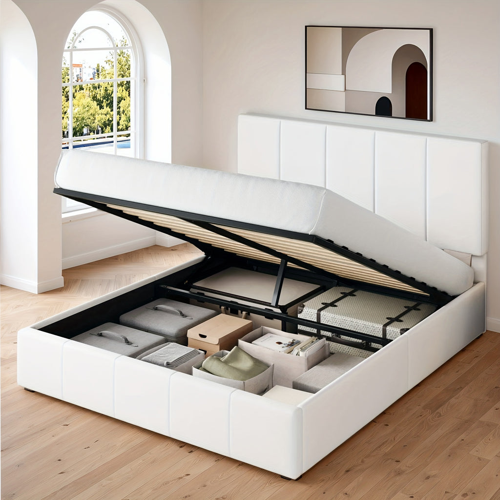 WEEWAY Lift Up Storage Bed, Modern Velvet Upholstered Headboard, Hydraulic Platform Bed, Wooden Slats Support, Heavy Duty Mattress Foundation, No Box Spring Needed, Easy Assembly, Full/Queen/King Size, for House Bedroom Furniture, Free Shipping