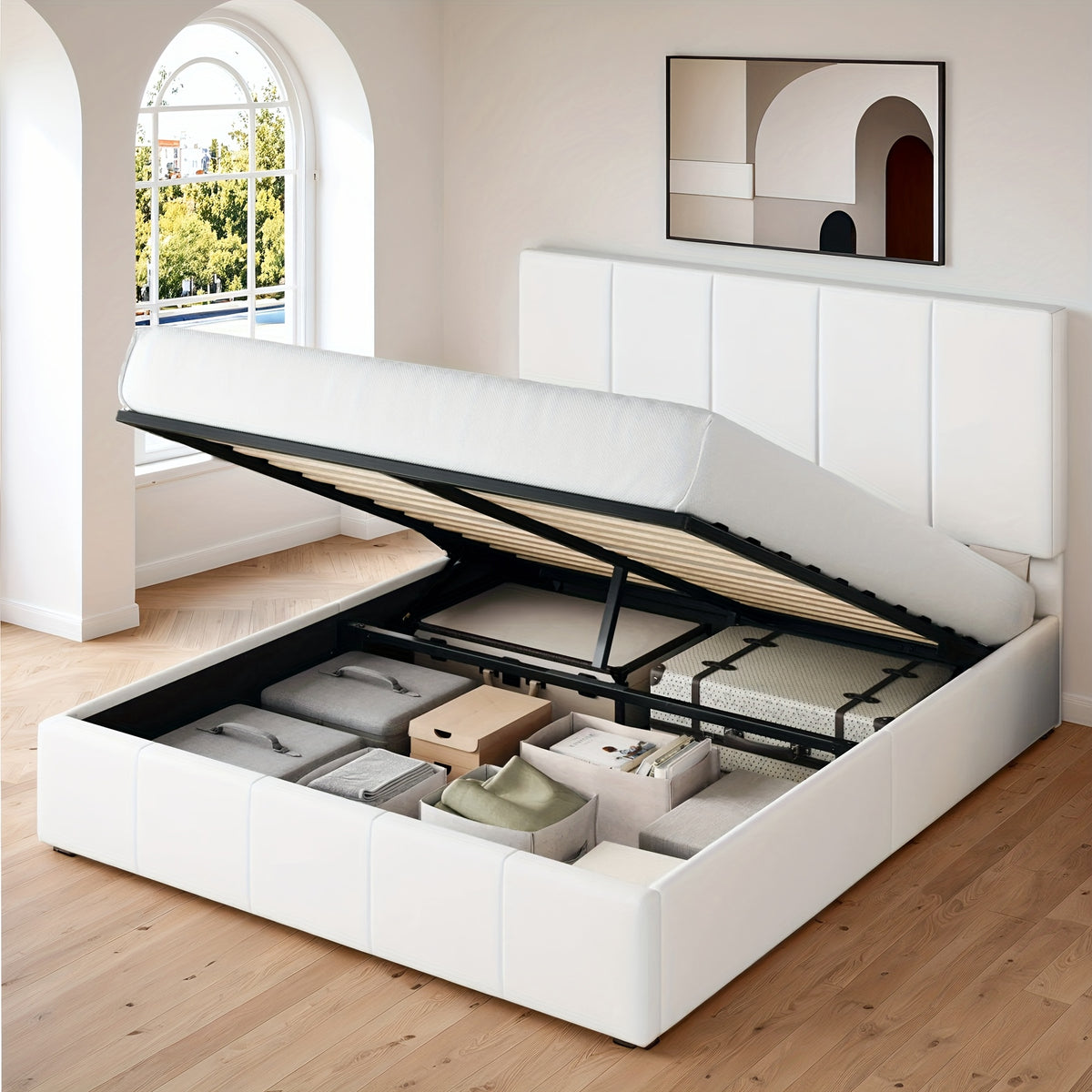 WEEWAY Lift Up Storage Bed, Modern Velvet Upholstered Headboard, Hydraulic Platform Bed, Wooden Slats Support, Heavy Duty Mattress Foundation, No Box Spring Needed, Easy Assembly, Full/Queen/King Size, for House Bedroom Furniture, Free Shipping