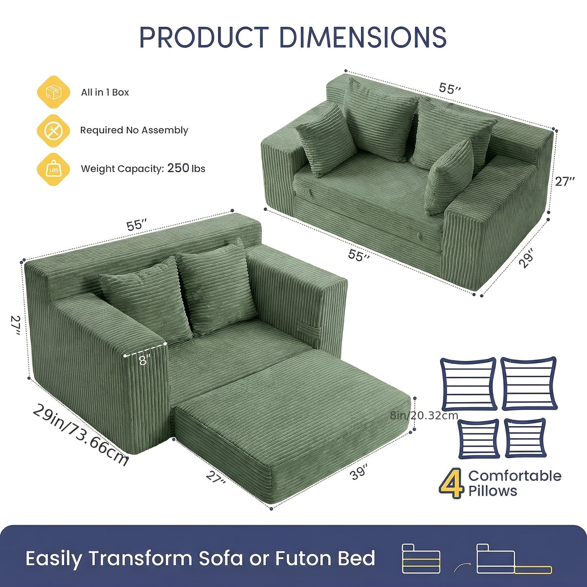 Boneless Couch Loveseat Sleeper, Convertible Sofa Bed Folding Couch Bed Foldable, 2 in 1 Boneless Chair And Futon Sofa Bed, Small Pull Out Sofa with 4 Pillows No Assembly, Compression Packing