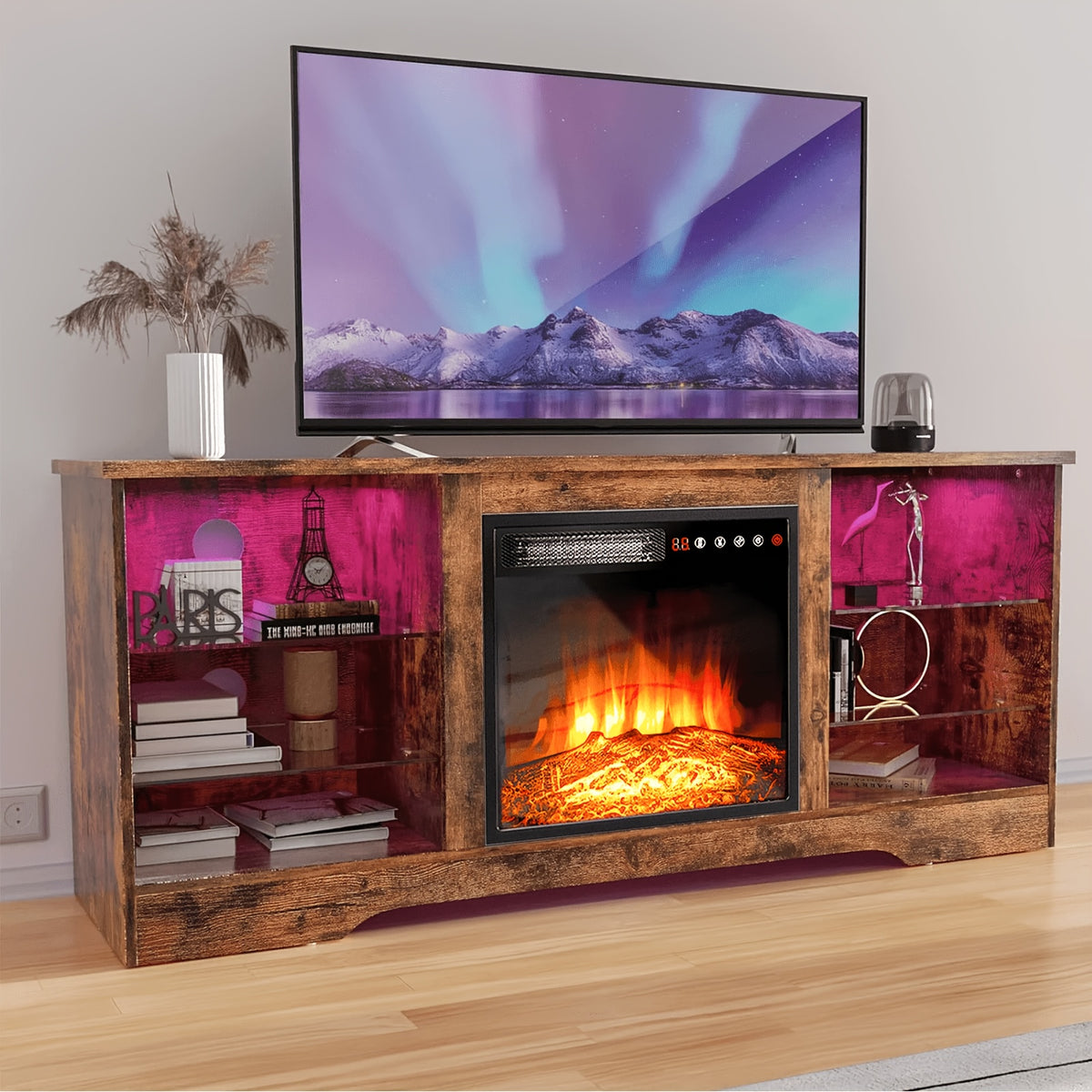 Modern TV Stand with Electric Fireplace - Black Media Console, Adjustable Glass Shelves & Storage Cabinets, Open Shelving, Sturdy Floor-Standing Entertainment Center for Living Room, Compatible with TVs, Gaming consoles, Streaming devices - Easy Assembly