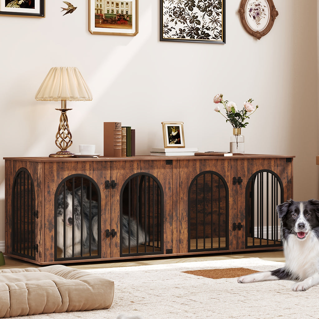 71" Heavy Duty Dog Kennels | Wooden Dog Crate Furniture for 2 Dogs, Small/Medium/Large, with Divider, Pads, Side Table, TV Cabinet, Anti-Chew, Anti-Escape, Black Golden/Greige/White/White Brown - HZUANERI