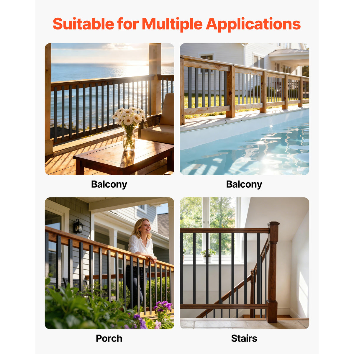 VEVOR 61 Pack Deck Balusters, 32.28 in Galvanized Steel Railing Spindles, Hollow Rectangle Metal Decking Stair Balusters with Pre-Drilled Hole, End Caps, Screws, for Deck, Porch & Stair Railing, Black