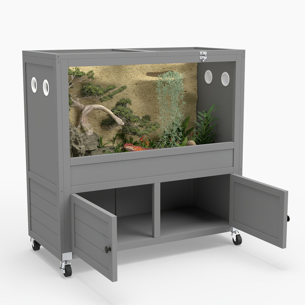 [Reptile Terrarium Stand] 50 Gallon Reptile Terrarium Stand, Adjustable Storage Cabinet, Wheels & Metal Mesh Roof Door, Reptile Habitat Enclosure for Snake/Lizard/Gecko/Tortoise