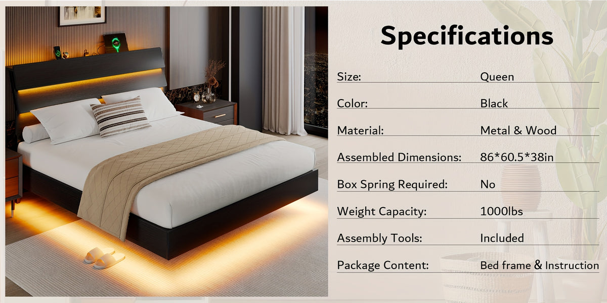 Valnase Floating Bed Frame with LED Lights & Charging Station, Platform Bed with Wooden Storage Headboard, Steel Slats Support, Easy Assembly