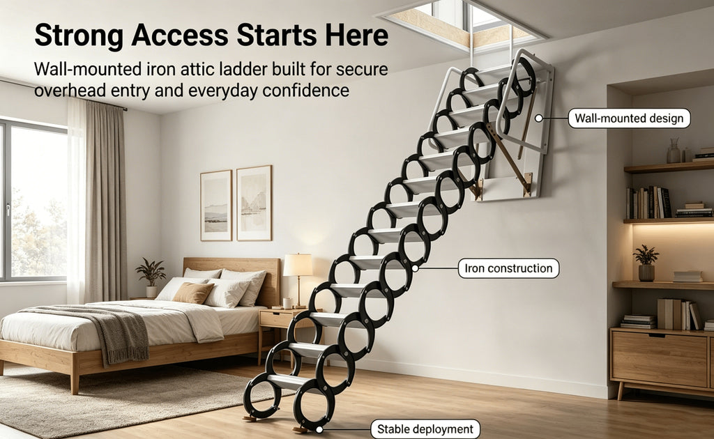 10ft Wall-Mounted Space Saving Attic Stairs, Black & White Titanium-Magnesium Alloy Construction, Supports Up to 880 Lbs, Ideal for Attics, Garages, Basements, Warehouses & Retail Stores