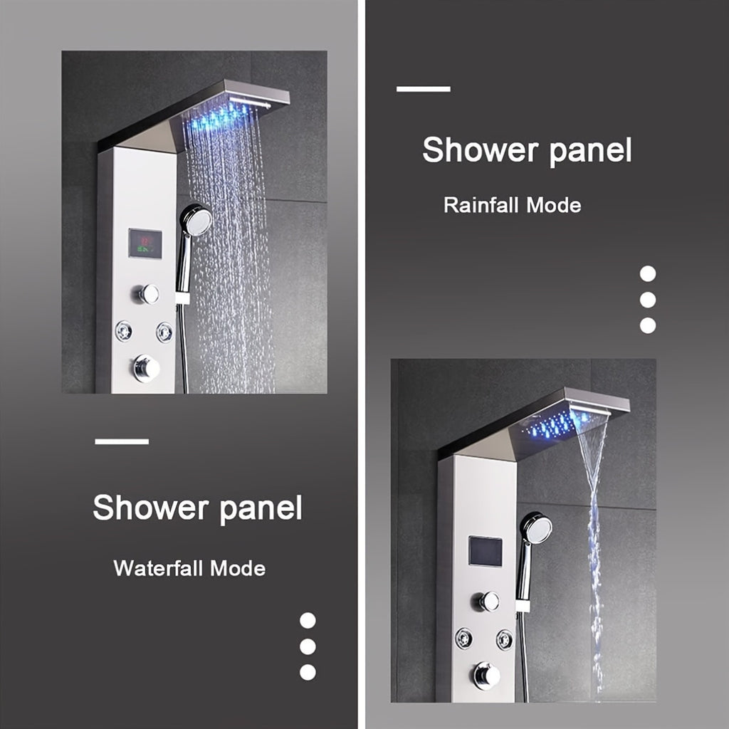[Shower Panel Tower System] Shower Panel Tower System, Stainless Steel 6-Function Faucet LED Rainfall Waterfall Shower Head Handheld Sprayer Rain Massage Body Jets Tub Spout, Brushed Nickel, Shower System, Bathroom Decor And Accessories
