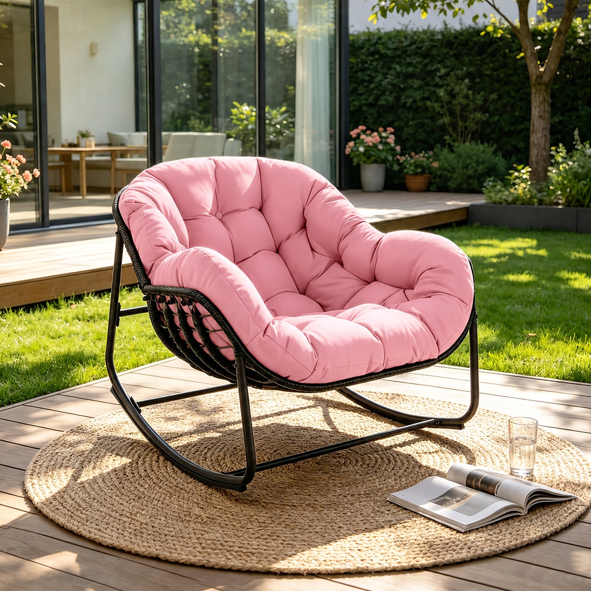 Papasan Rocking Chair Outdoor, All Weather Wicker Papasan Patio Chair with Cushion And Pillow, Heavy Duty Metal Oversized Papasan Rocker Egg Chair for Garden, Patio