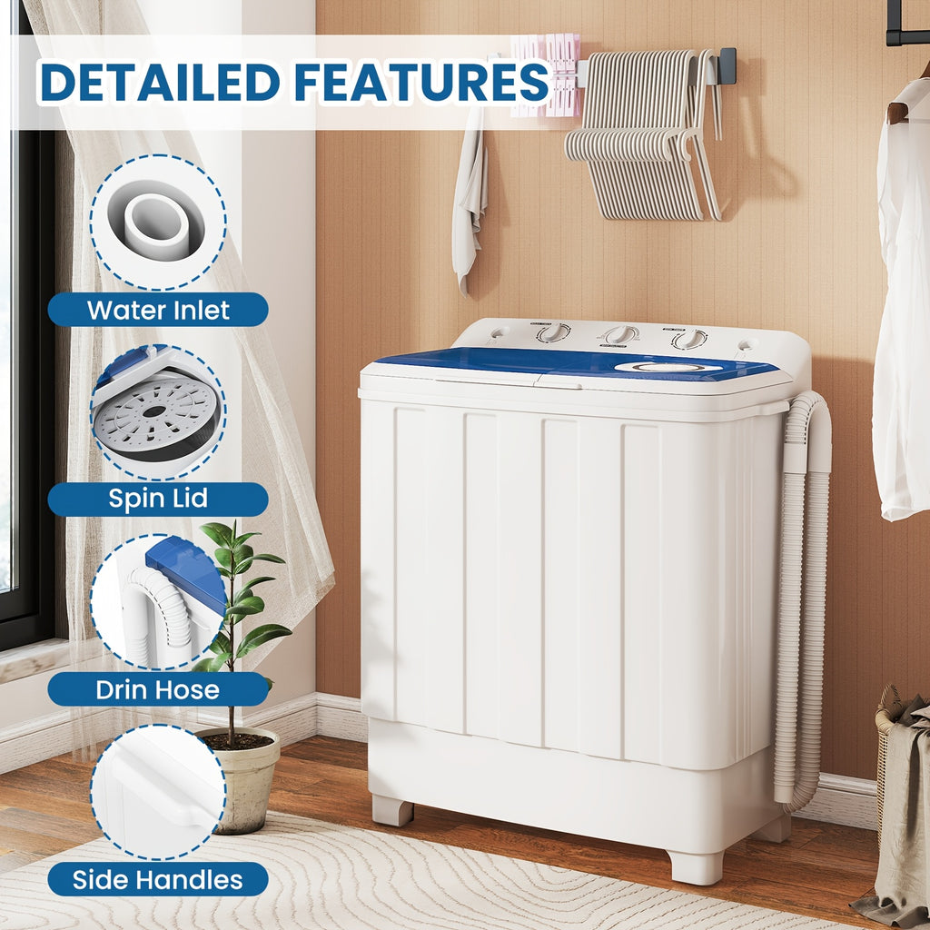 30Lbs Semi-Automatic Compact Twin Tub Washer Spinner Combo (20Lbs Wash + 10Lbs Spin), Portable Washing Machine for Small Spaces, Apartment, Dorm, RV, Camping & Travel