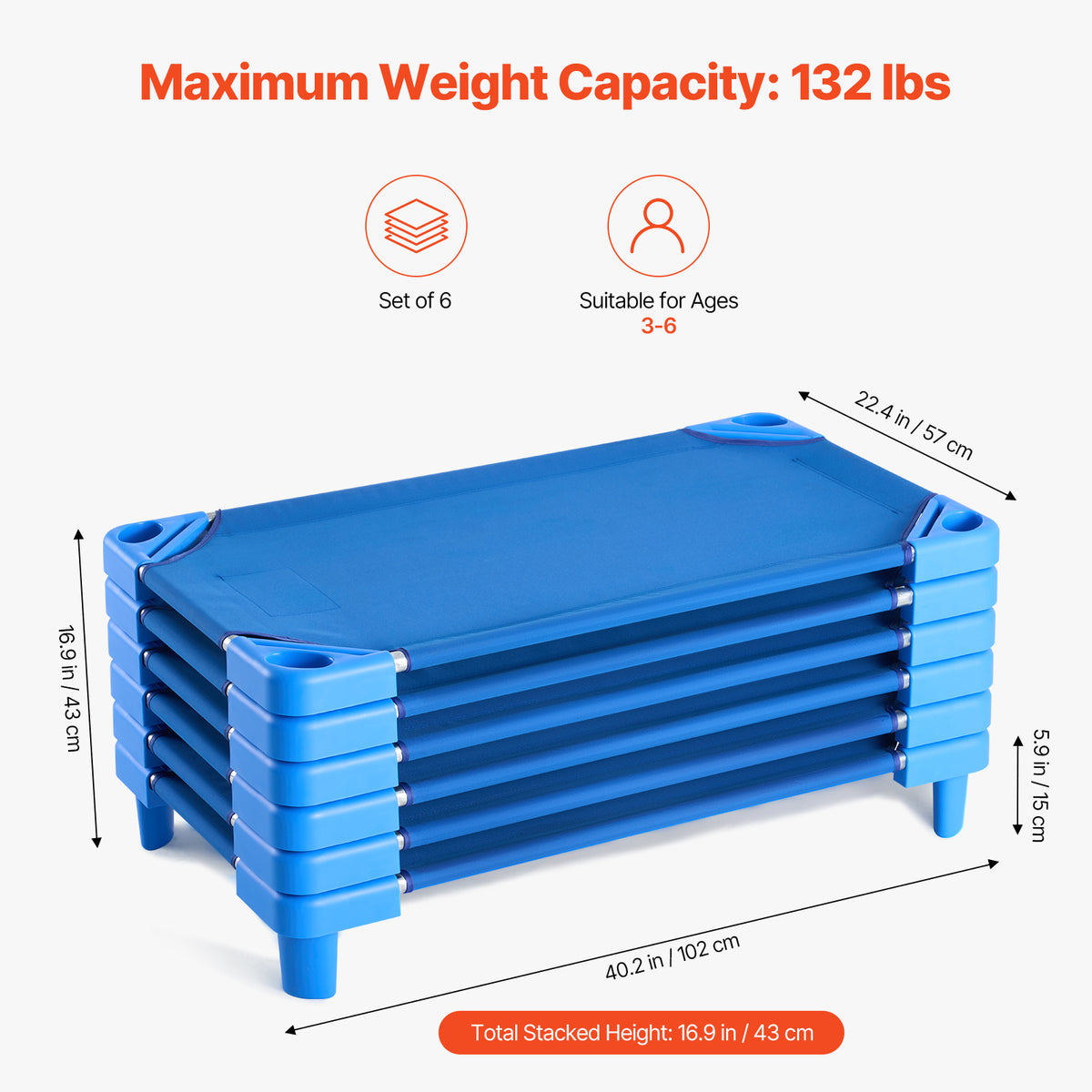 VEVOR Stackable Kiddie Cot, 6 Pack Portable Toddler Nap Cots, Standard Size 40" L x 23" W Daycare Cots for Kids, Preschool Classroom Daycare Beds for Sleeping, Resting, Naptime, Blue