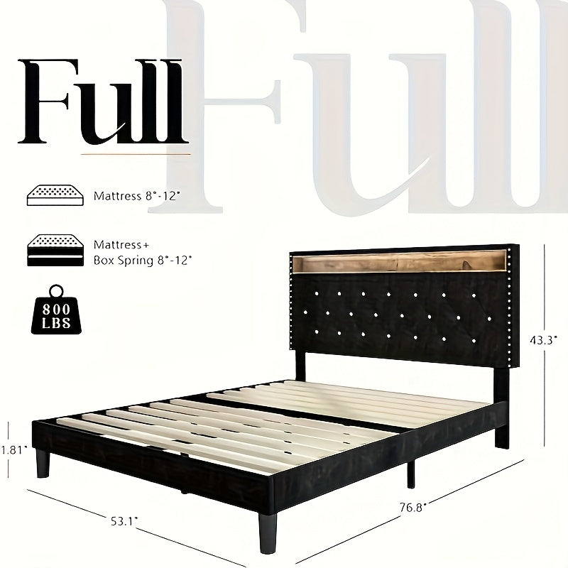 Bed Frame with LED Lights, Velvet Upholstered Platform Bed with Storage Headboard, Charging Station And Diamond Tufted Design - No Box Spring Required - Easy Assembly - Black