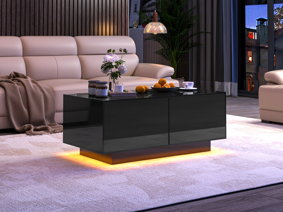 High Glossy LED Coffee Table, Modern Coffee Tables with Open Display Shelf And Sliding 2 Drawers, Rectangular Coffee Table with LED Lights for Living Room, Dining Room, White/Black