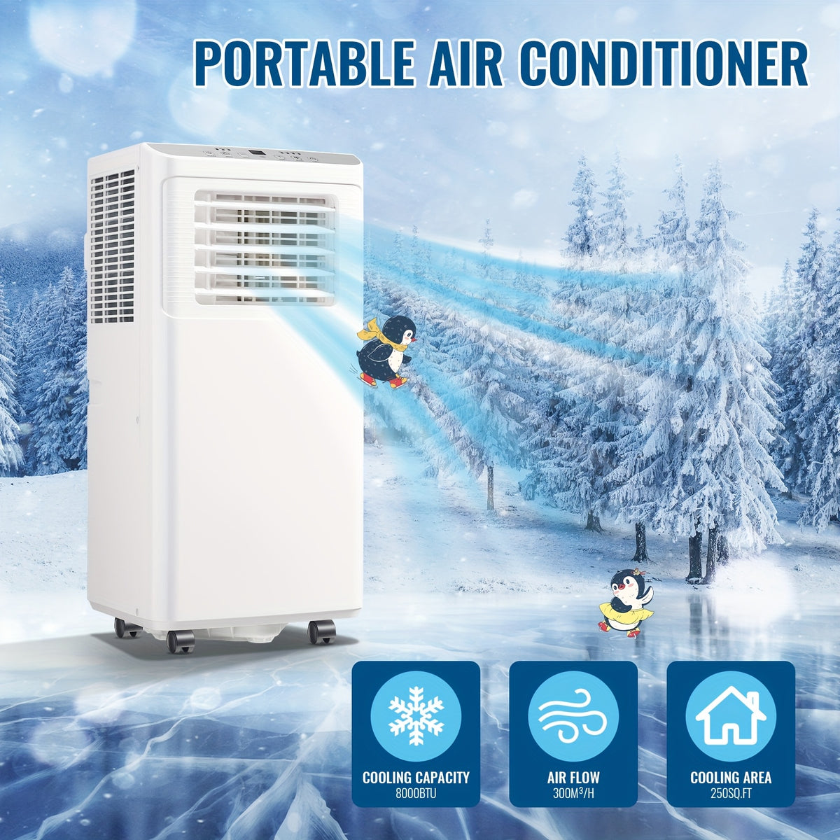 [Up to 8000 BTU Portable AC] Portable Air Conditioner, Air Conditioner with Cooling, Fan, Dehumidifier, Sleep Mode, Cooling Up to 250 Sq.Ft. with 24H Timer/Digital Display/Remote Control & Window Kit, Perfer for Office Bedroom & Apartment
