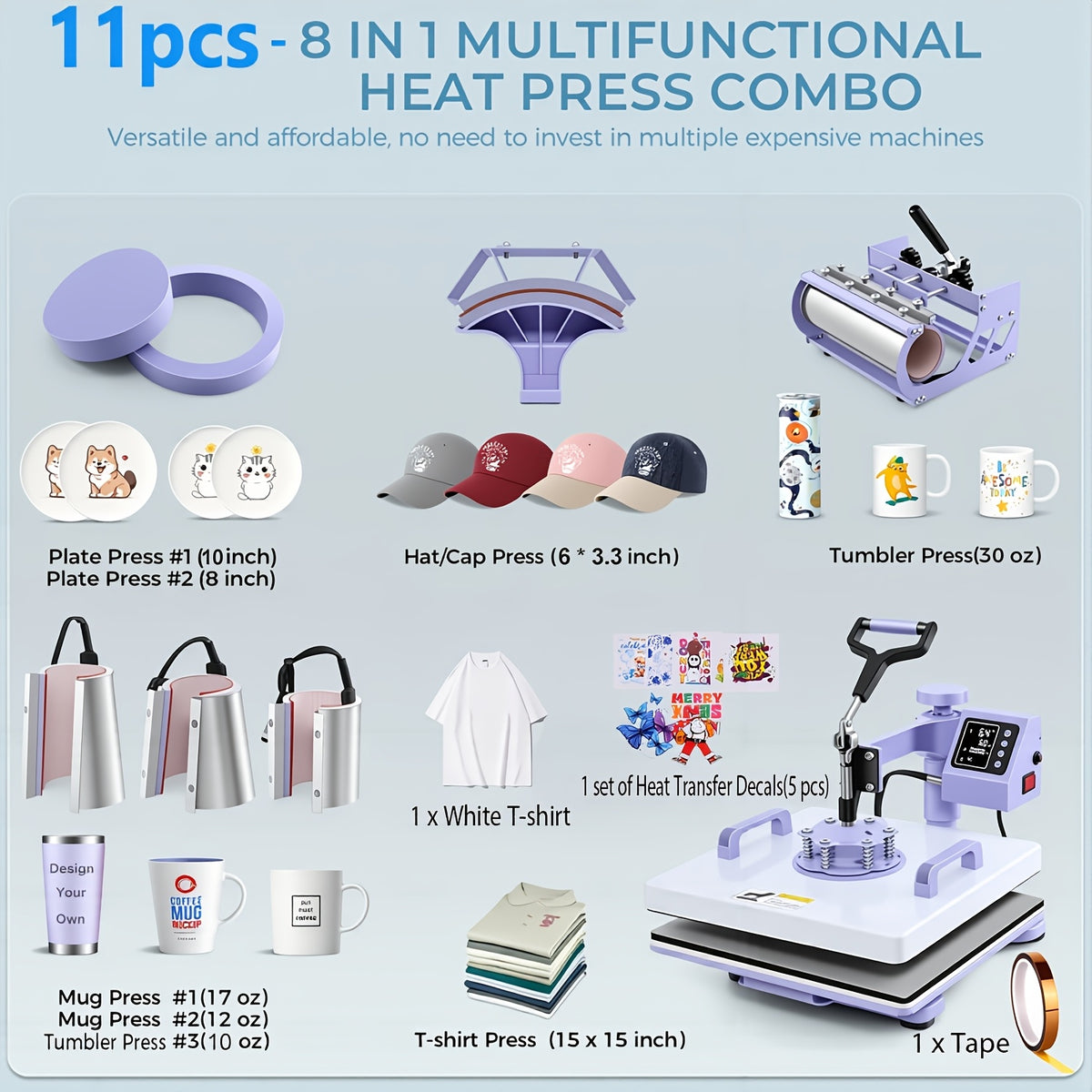 11pcs 8-in-1 - 15"x15"/12"x15" Heat Press Set for T-Shirts, Bags, Pillows, Hats, Beanies, Roller - 12"x10" T-Shirt Machine(Weight 25.35 Lbs) & 15"x15" Auto Single-Workbench & 15"x15" Auto Dual-Workbench Heat Press Only for Cloth, Shirts, Canvas Bags