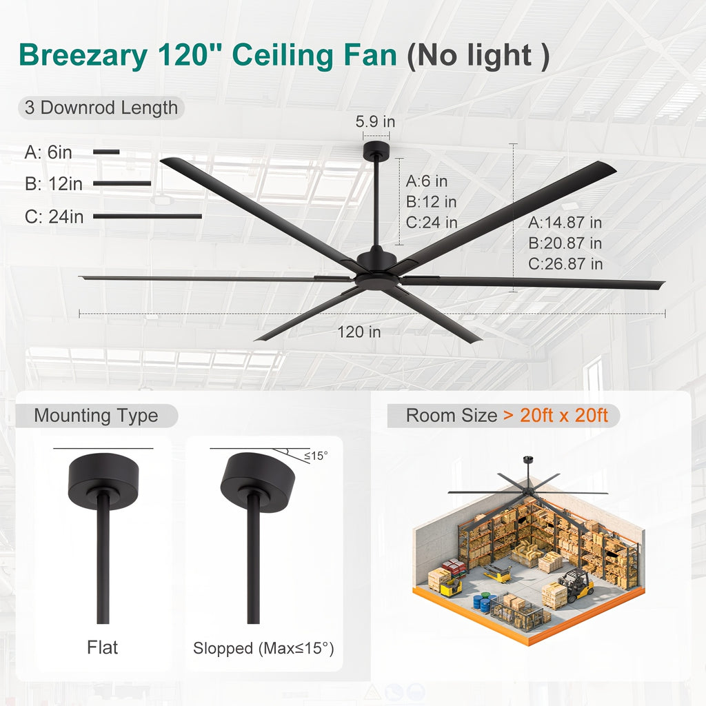 [Industrial Ceiling Fan] 120-Inch HVLS Industrial Ceiling Fan Suitable for Large Commercial Spaces - Heavy-Duty Remote Control System with Silent DC Motor, 6- Low-Profile Downrod Mount, Full Coverage for Warehouses, Gyms, Workshops, Use (No Light)