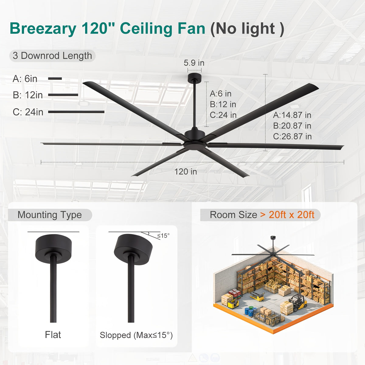 [Industrial Ceiling Fan] 120-Inch HVLS Industrial Ceiling Fan Suitable for Large Commercial Spaces - Heavy-Duty Remote Control System with Silent DC Motor, 6- Low-Profile Downrod Mount, Full Coverage for Warehouses, Gyms, Workshops, Use (No Light)