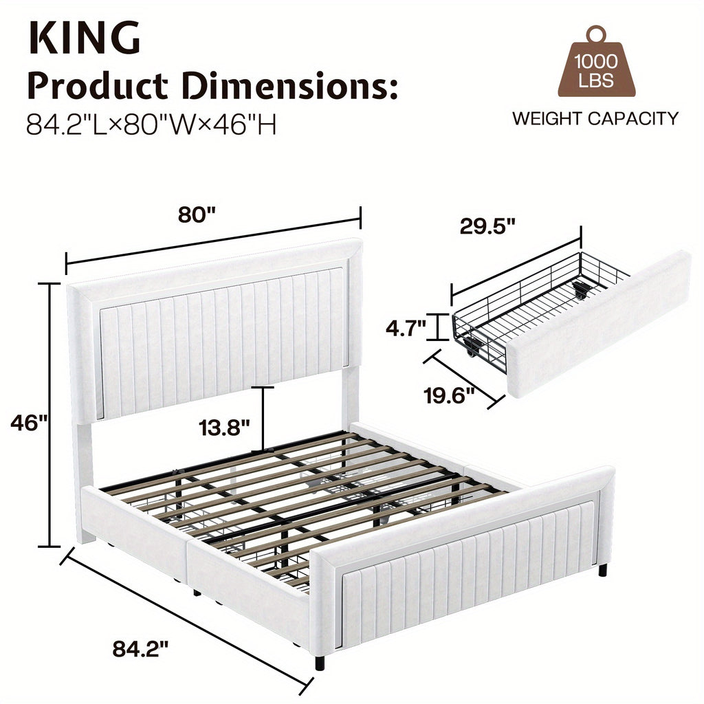 Queen/King Upholstered Platform Bed with LED Lights - 4 Storage Drawers& Adjustable Channeled Headboard, No Box Spring