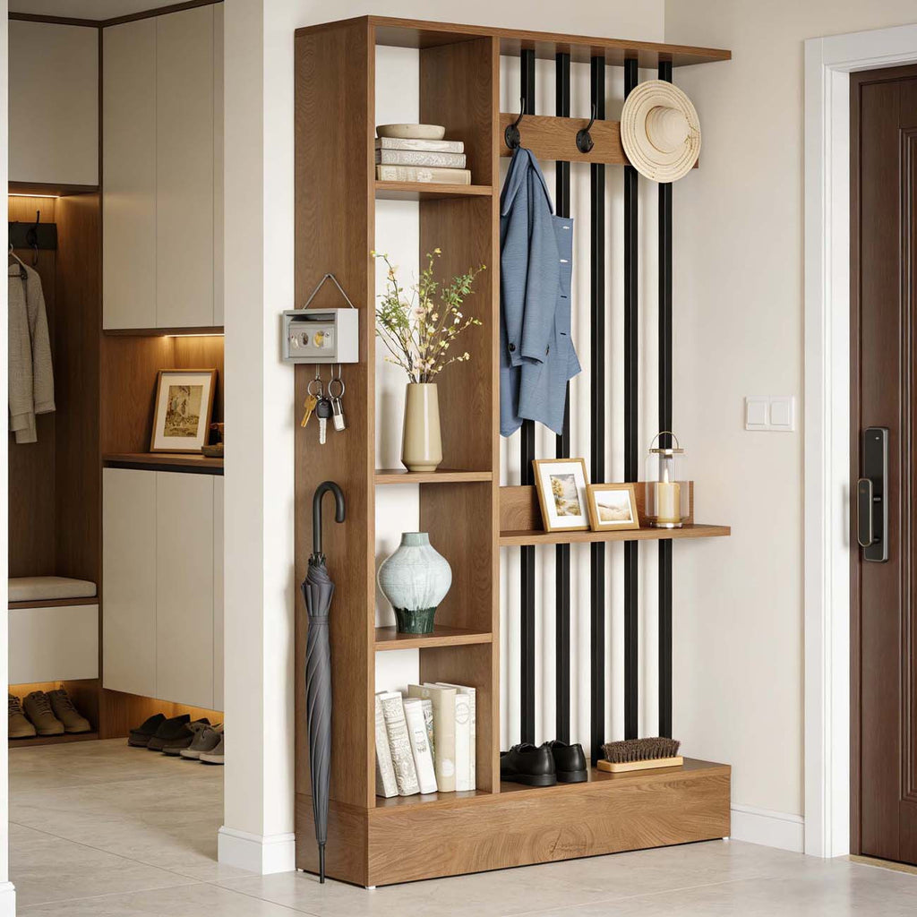 71' Wood Freestanding Room Divider, Wall Partition Bookcase with Shelves & Coat Hooks, Modern Decorative Screen for Home & Office, Brown