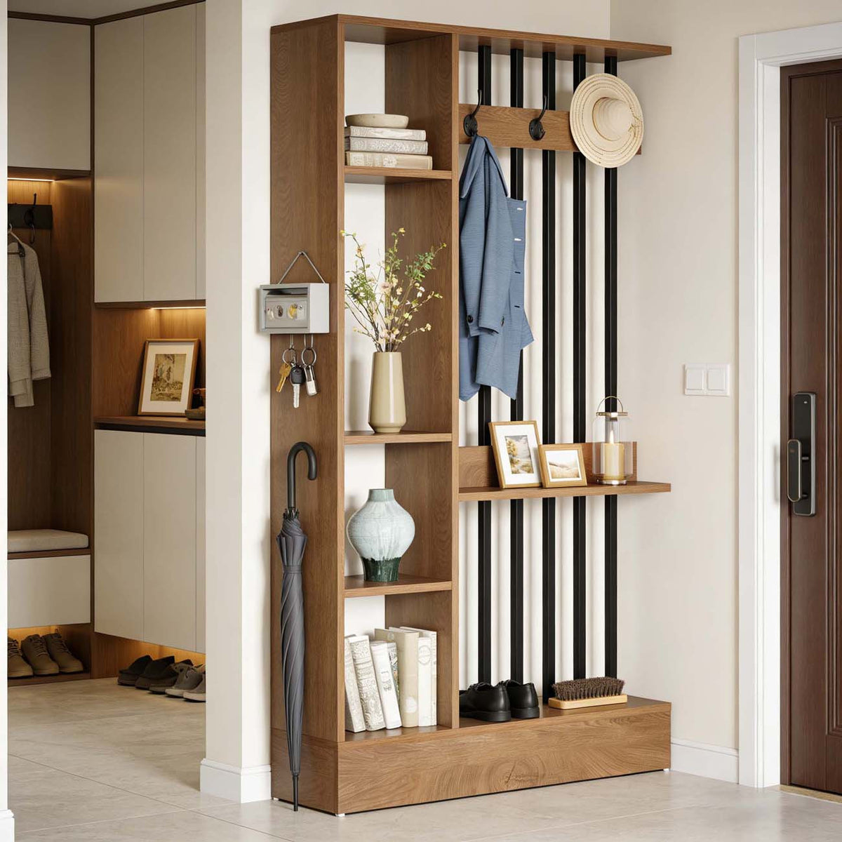 71' Wood Freestanding Room Divider, Wall Partition Bookcase with Shelves & Coat Hooks, Modern Decorative Screen for Home & Office, Brown