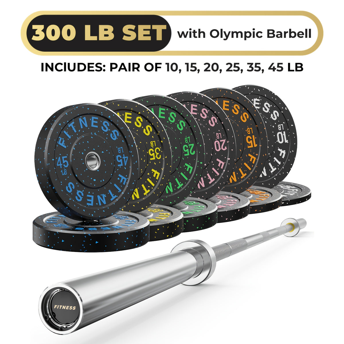 Rubber Bumper Plates with 7ft Barbell, 70LB to 410LB Heavy Duty Weight Plates + 2-Inch Barbell Combo, Bumper Plates with Steel Hub, Home Gym Strength Training for Deadlift Squat Bench Press, 1 Barbell Per Set