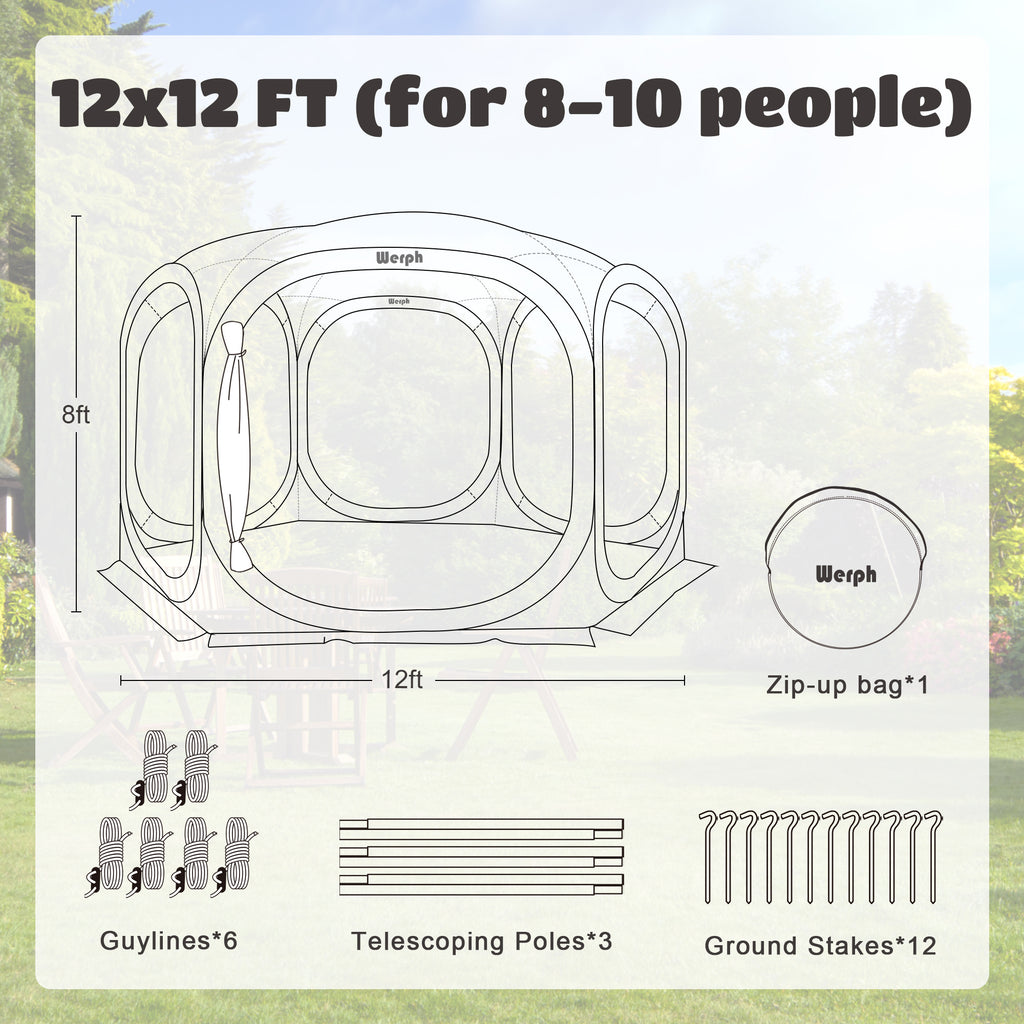 WERPH Screen Tent Camping Canopy 12x12, Screen Room with Mosquito Tent,Pop Up Screen Tent Canopy with Mosquito Net,Outdoor Tent Canopy,Pop Up Gazebo for Lawn & Garden,Parties or Camping,Beige