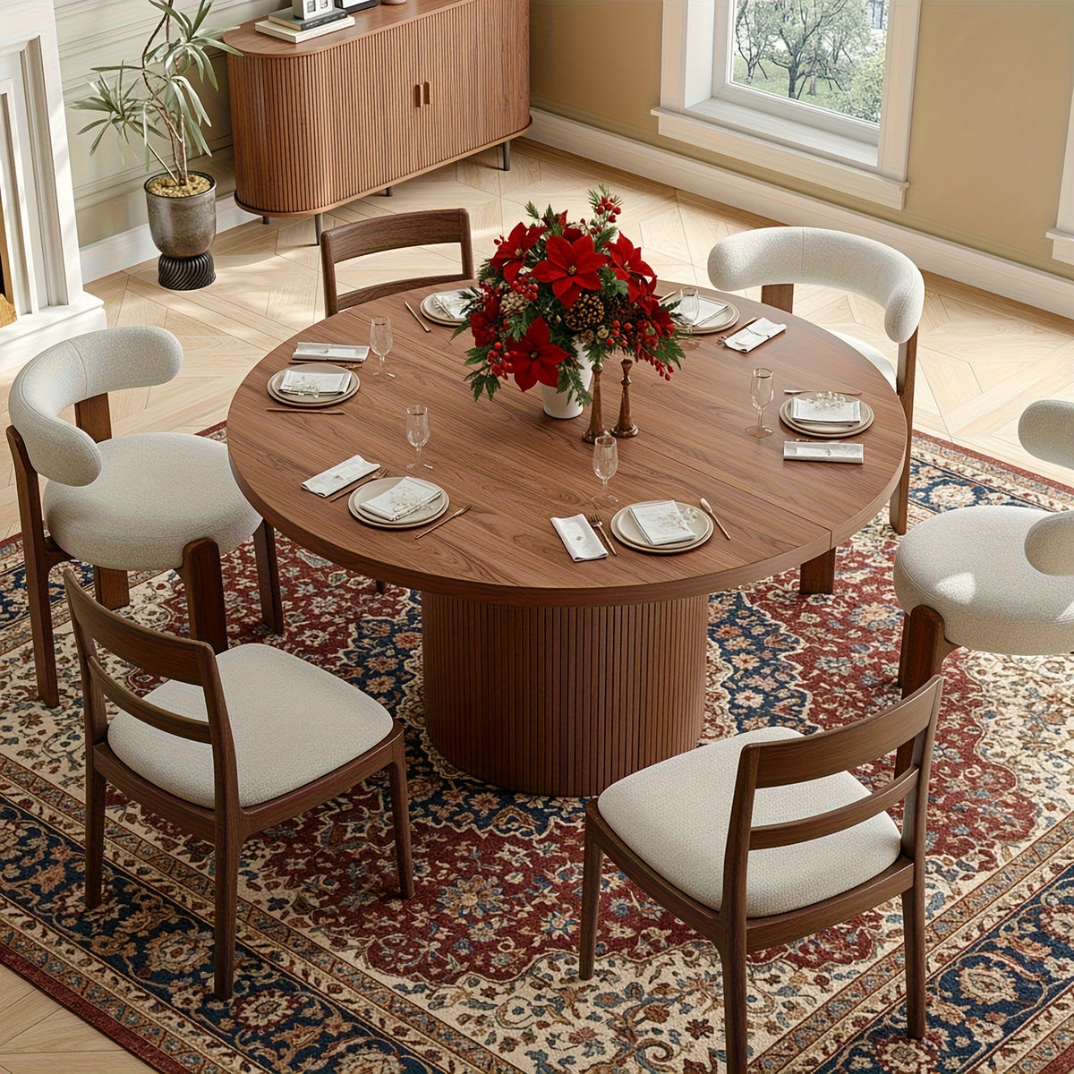PAZCASA 47 Inch Round Dining Table for 4, Circle Kitchen Table with Wood Strip Base, Modern Farmhouse Dinner Tables for Kitchen, Living Room, Walnut