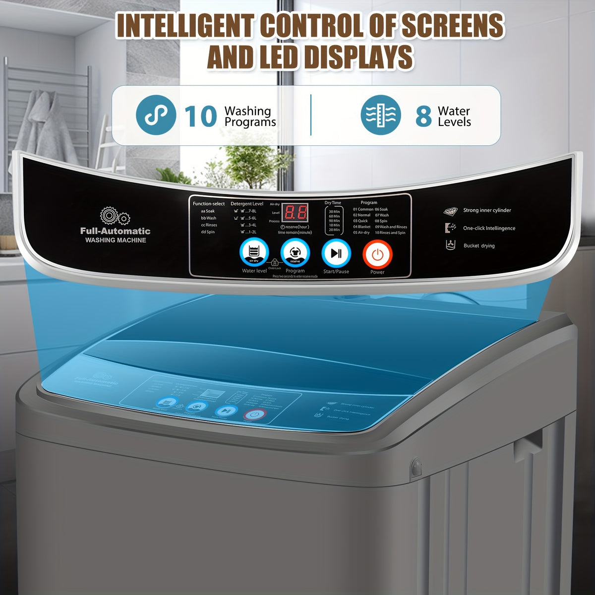 Portable Washing Machine 17.8Lbs/15.6Lbs Large Capacity, Full Automatic Washing Machine with 10 Programs And 8 Water Levels Selections, LED Display, Low Noise, Small Washing Machine for Apartment, Home, Dorms, Apartment Laundry, Compact Laundry Solution,