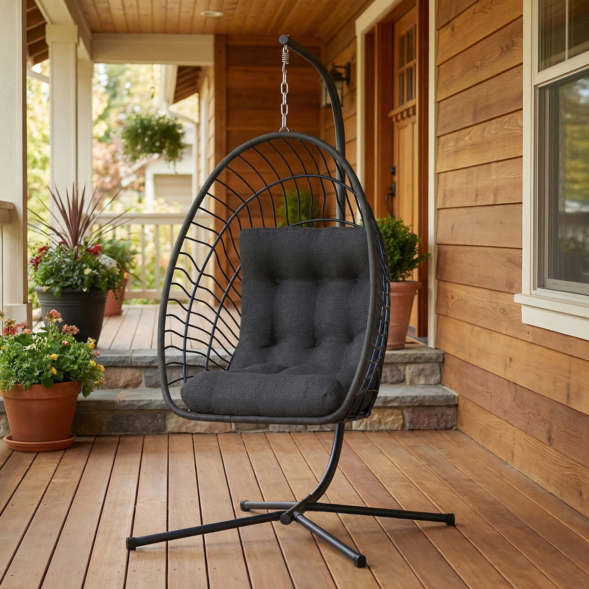 Hanging Egg Chair with Stand, Foldable Rattan Wicker Hammock Egg Swing Chair Solely for Outdoor, Porch, Patio, Garden, 350LBS Capacity, Grey