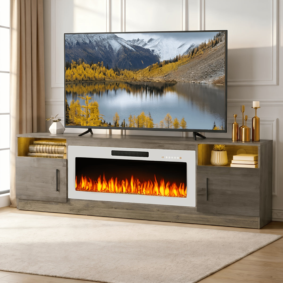 70" Fireplace Tv Stand with 36 Inch Fireplace Up to 80" Tvs, LED Light Entertainment Center And Storage, 70"Modern Wood Media TV Console with Highlight Cabinet for Living Room
