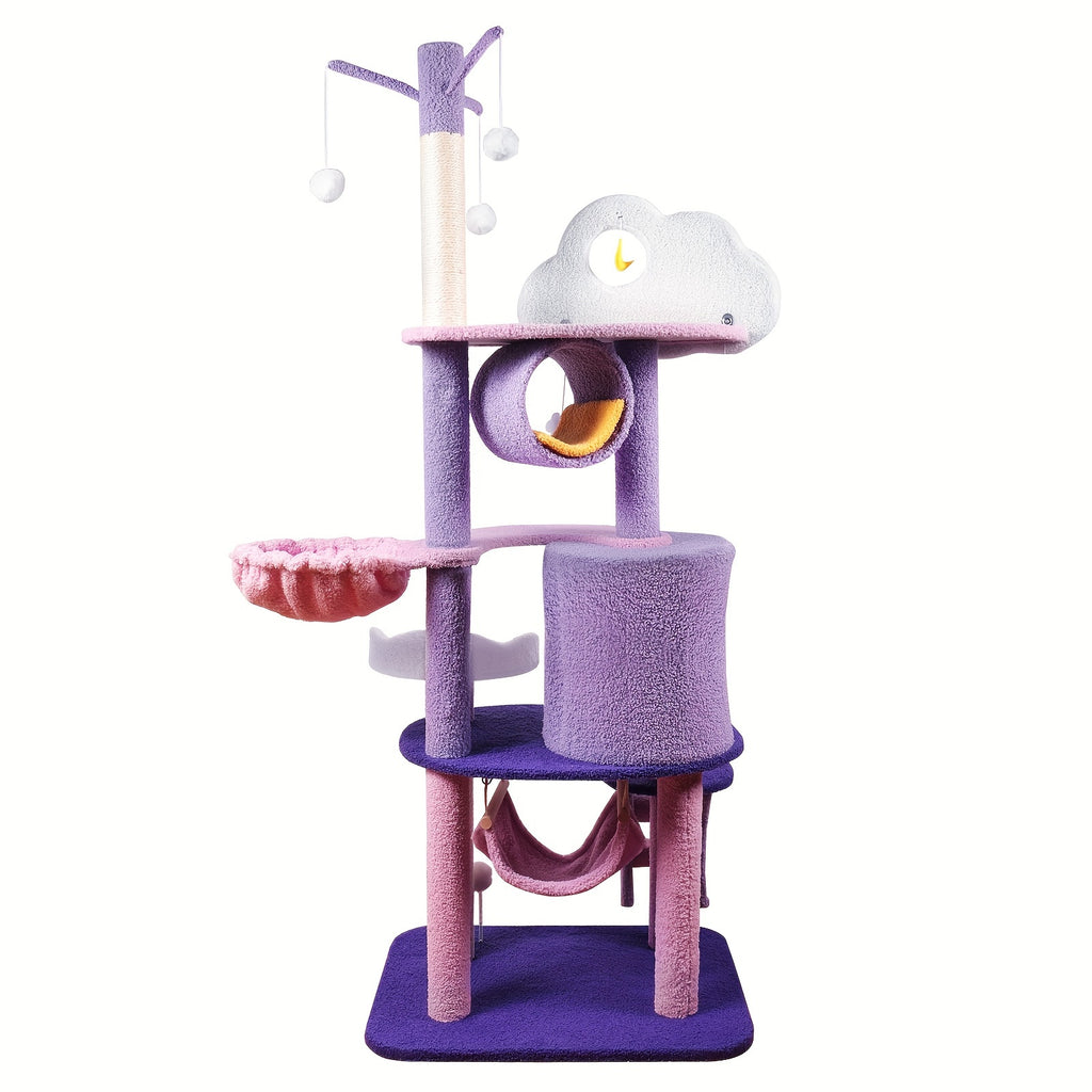 65in Cat Tree Cute for Indoor Cats Pink Moon Cat Tree Tower with Scratching Post, Hammock And Condo Large Tall Cat Tree for Kittens Cats