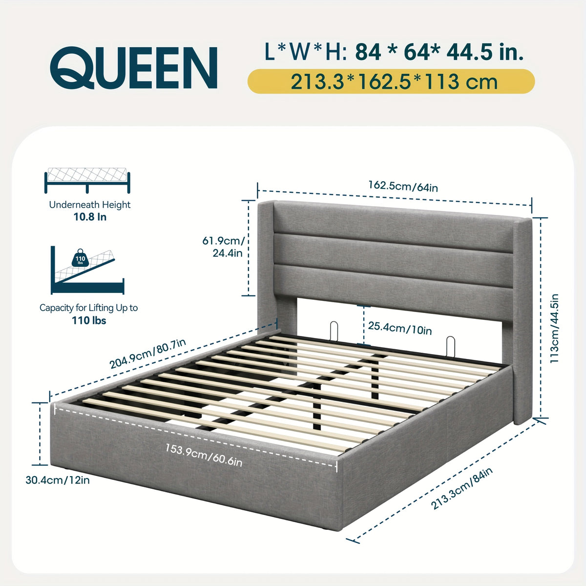 WEEWAY Lift Up Storage Bed, Modern Wingback Upholstered Headboard, Hydraulic Platform Bed, Wooden Slats Support, Heavy Duty Mattress Foundation, No Box Spring Needed, Easy Assembly, Full/Queen/King Size, for House Bedroom Furniture, Free Shipping