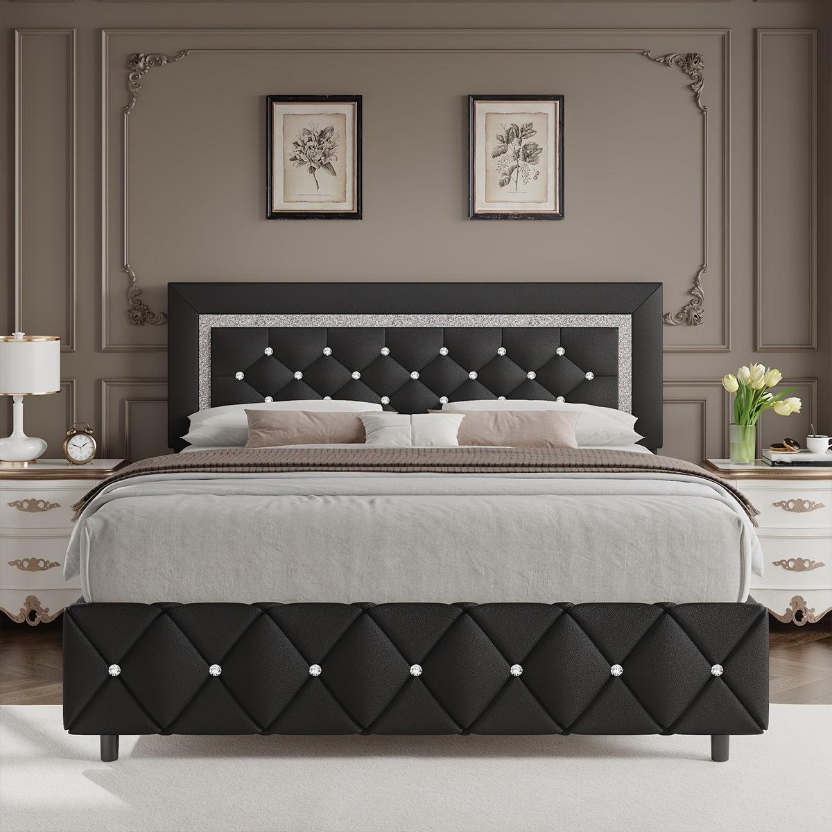 4ever2buy Twin Full Queen King Platform Bed Frame with Upholstered Diamond Headboard, Mattress Foundation with Strong Wooden Slats Support, No Box Spring Needed, Easy Assembly, Valentine's Day Gifts, Pearlized White, Black, Pink, Green, Grey, Beige