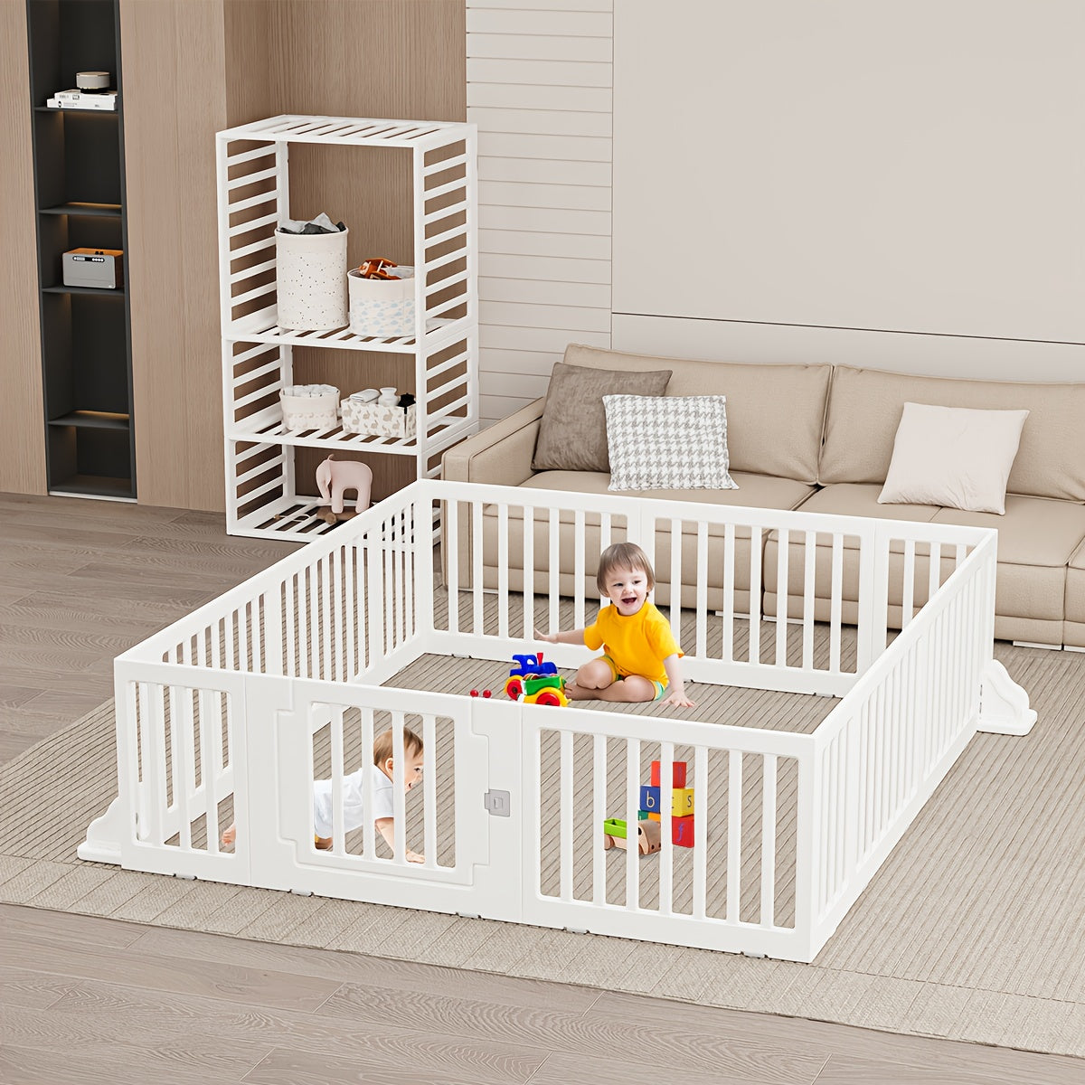 Baby Playpen Baby Fence, 2in 1 Adjustable Shape Baby Playpen, Kids Activity Centre Safety Play Yard Home Indoor Outdoor, Large Space Safe Playpen, Wardrobe Fence Storage Shelf Baby Fence with Safety Gate As Birthday Gift