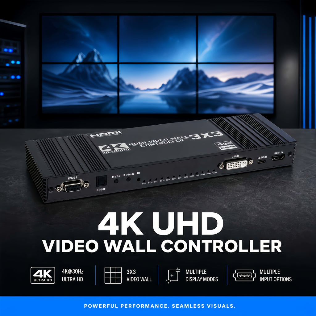 3x3 HDTV Video Wall Controller, 4K@30Hz Input 1080P@60Hz 9 HDTV Output TV Splicer | 17 Display Modes, 90°/180°/270° Rotation, Bezel Fusion, SPDIF 5.1CH Audio Extractor, Plug & Play With IR Remote For Advertising Screen, Home Theate