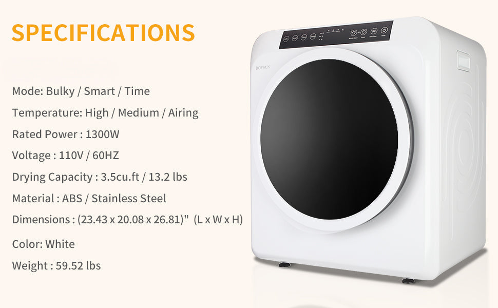 [Portable Laundry Dryer] 13.2LB Portable Clothes Dryer, 3.5 Cu.Ft High-End Front-Load Tumble Laundry Dryer With LCD Touch Screen, Stainless Steel Tub For Apartment, Home, Dorm, Classic White