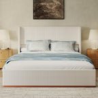 Queen/King Size Upholstered Platform Bed Frame with Vertical Channel Tufted Wingback Headboard, Soft Corduroy Bed with Solid Steel Slats, No Box Spring Needed, Noise Free, Easy Assembly, Modern White