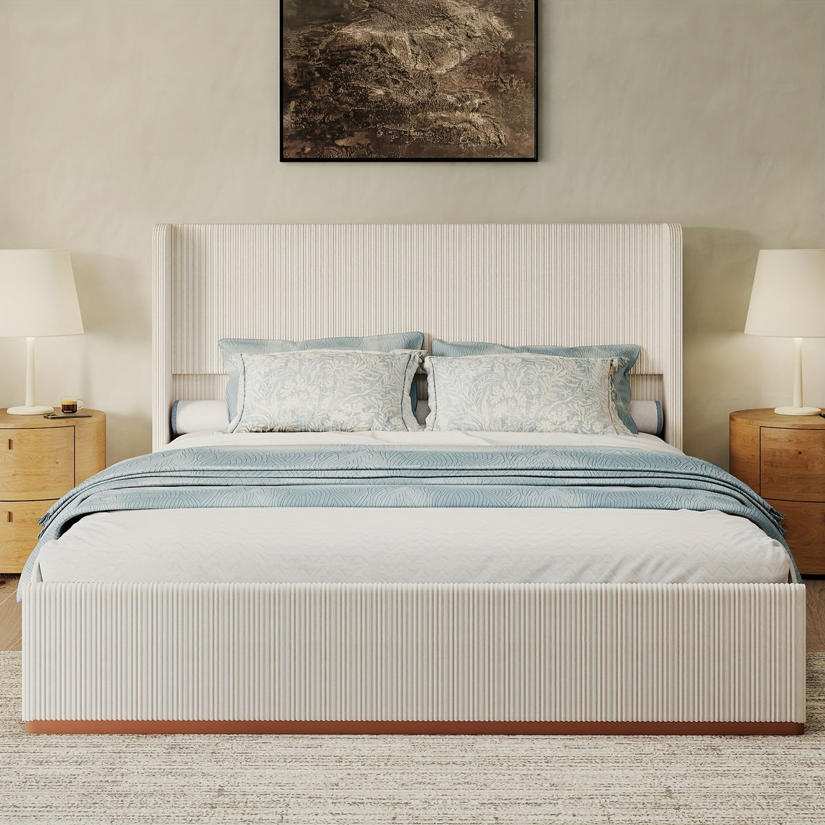 Queen/King Size Upholstered Platform Bed Frame with Vertical Channel Tufted Wingback Headboard, Soft Corduroy Bed with Solid Steel Slats, No Box Spring Needed, Noise Free, Easy Assembly, Modern White