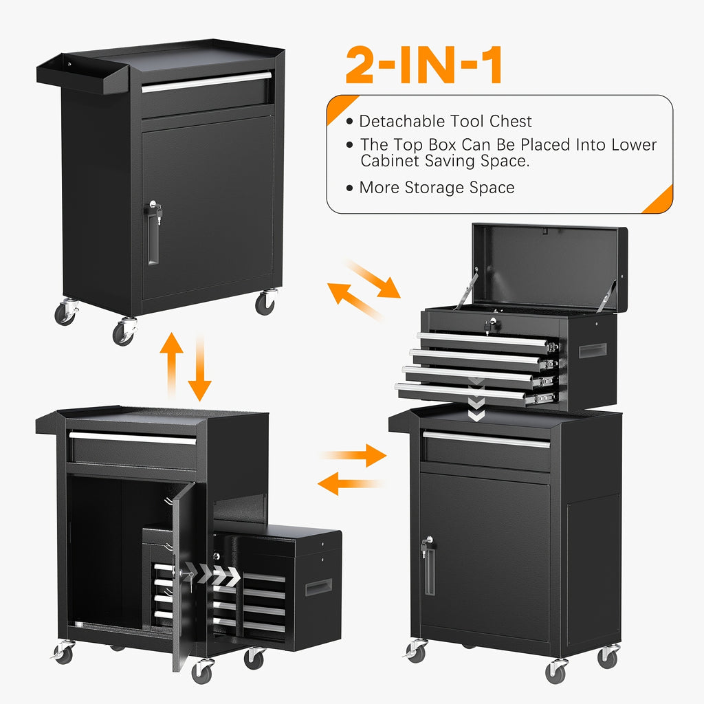 Versatile 5-Drawer Rolling Tool Chest with Detachable Top Tool Box, Tool Storage Cabinet with Universal Lockable Wheels, 2 in 1 Metal Tool Cart for Home Office, Garage, Warehouse, Workshop, Barbershop
