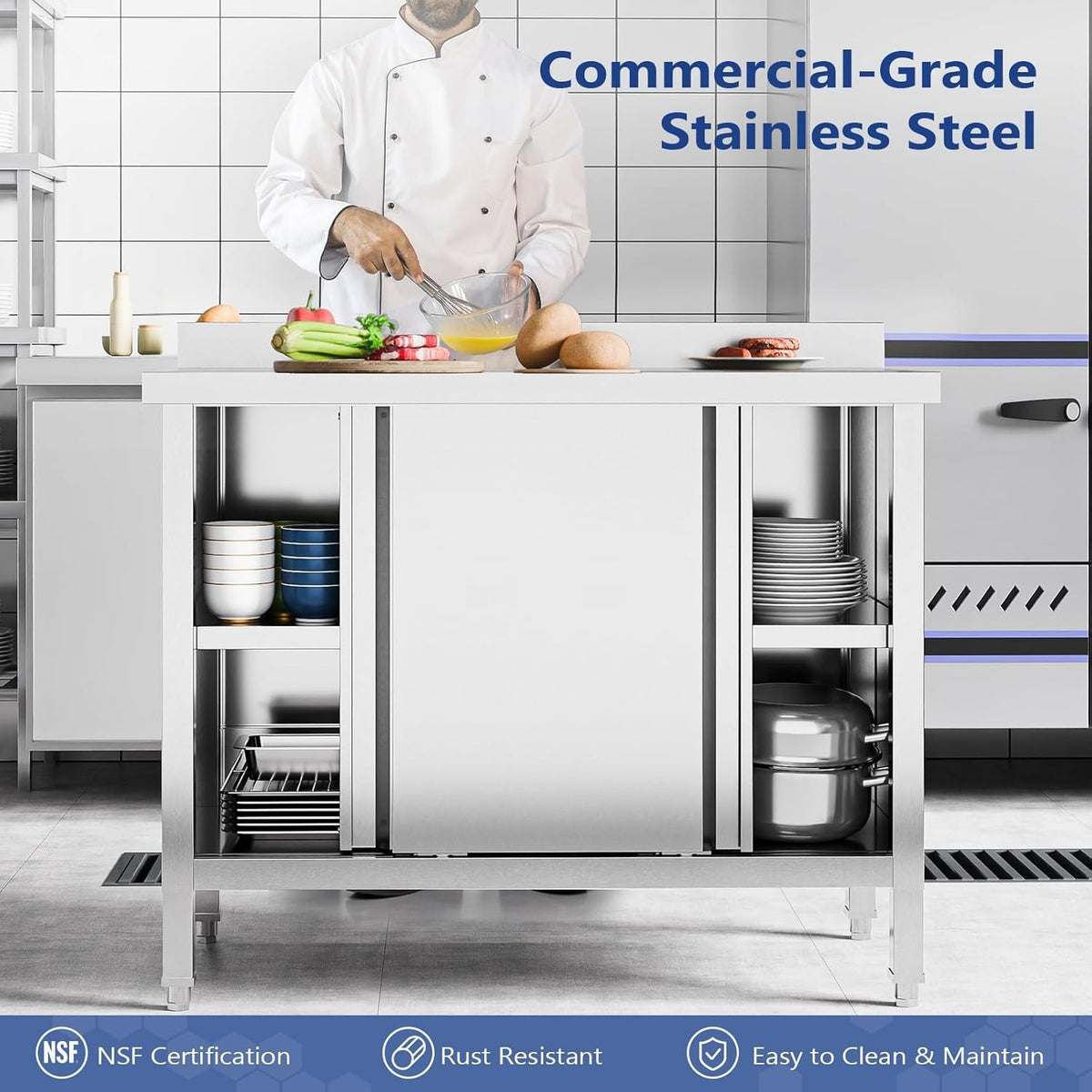 MEFEIR Commercial Stainless Steel Prep Table - 35"x28" Heavy Duty Kitchen Work Table w/ 2 Sliding Door Cabinet & Backsplash, Large Storage for Restaurant Food Prep