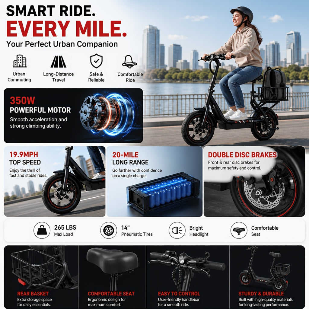 DYU 350W 14" Folding Electric Scooter with Seat - 20-Mile Range, 36V 7.8Ah Battery, Rear Basket & Double Disc Brakes, Compact Portable E-Scooter for Adults, Urban Commuting & Long-Distance Travel, Scooter Electric Fast