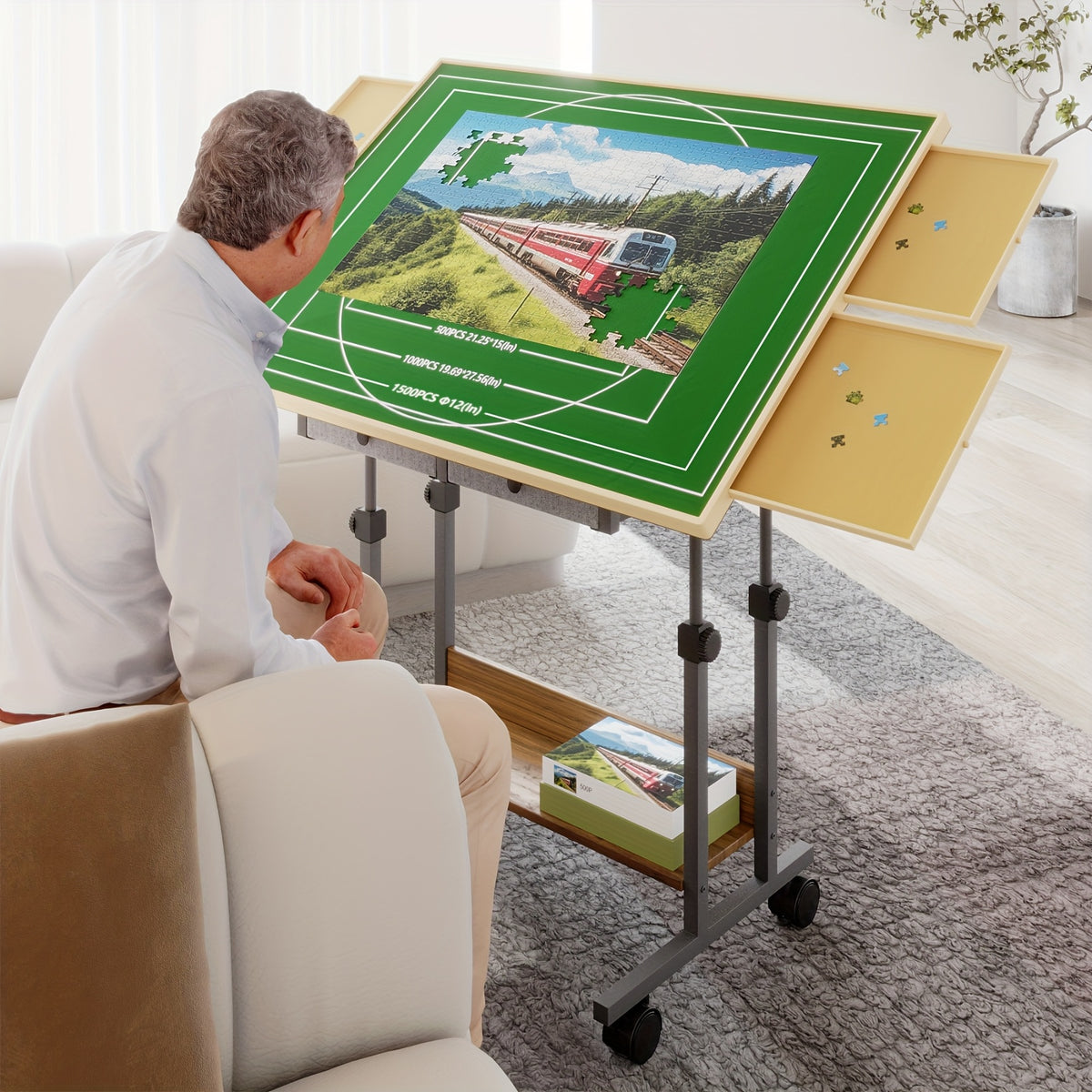 Puzzle Table with Legs, 5-Degree Tilting Angle Board Height Adjustable Multi-Functional Table with 6 Drawers for Puzzle Chess Reading 35 X 26 Inch Wooden Puzzle Board, Movable Good Gift Choice Good Home Decor