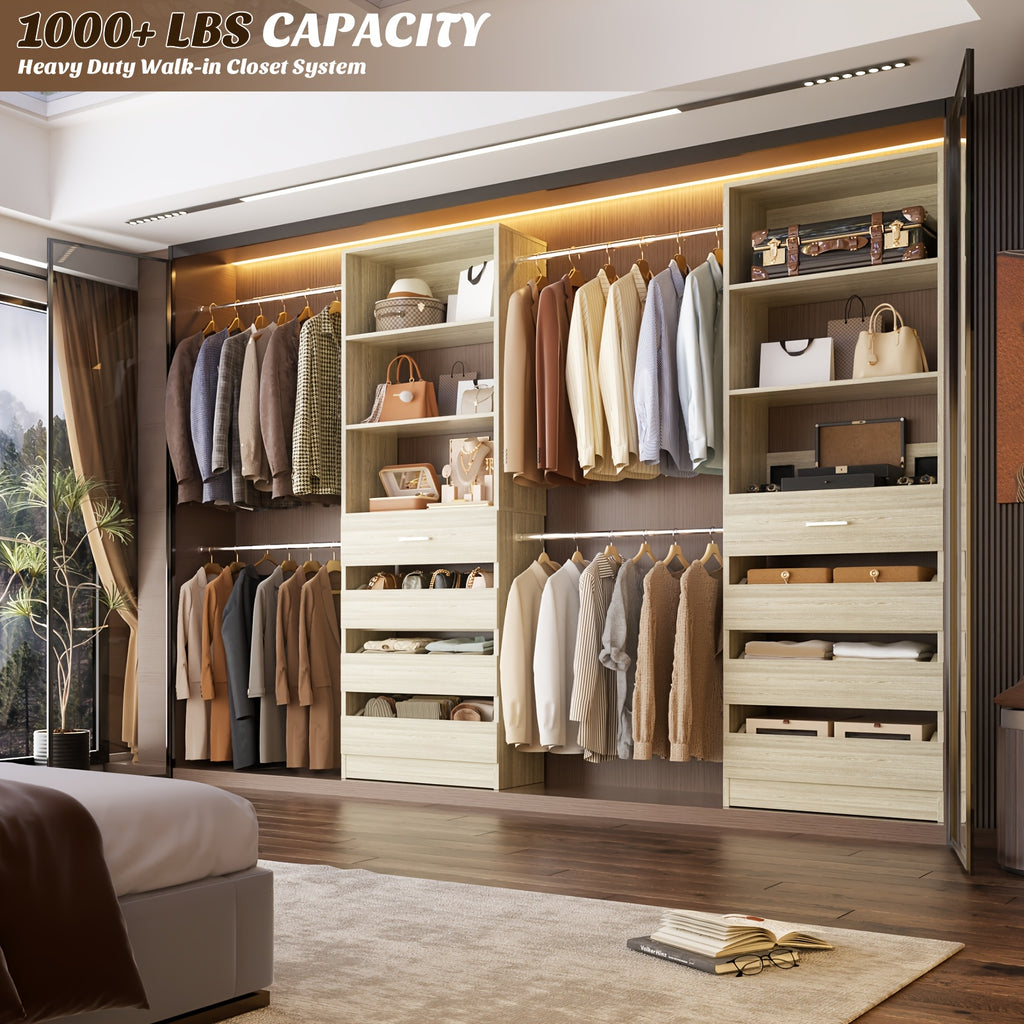 Closet System, Closet Organizer System with 4 Wooden Drawers, Walk-in Closet Wardrobe Clothes Rack with 4 Hanging Rods, Fit for 4-9ft Space, Garment Rack, White, Mounted Closet Systems