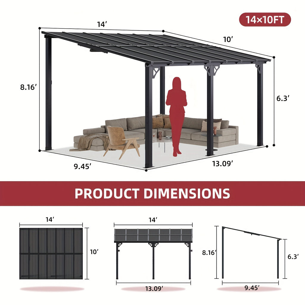Wall-Mounted Hardtop Gazebo with Polycarbonate Roof — Lean-To Aluminum Patio Cover in Five Size Options