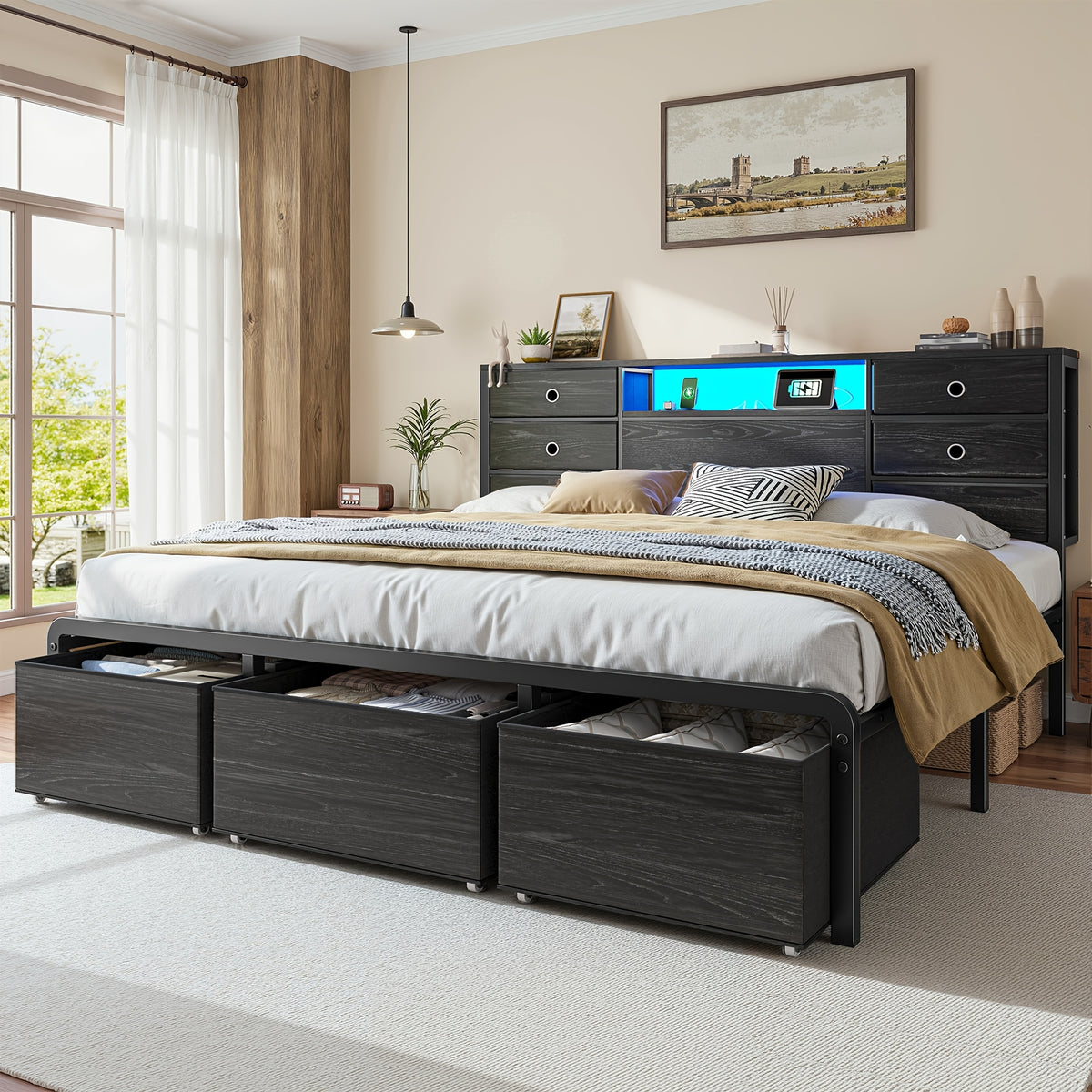King/Queen/Full Size Storage Bed Frame With 8/9 Drawers & Headboard Storage, Strong Load-Bearing, Multi-Color LED & Power Outlet, Noiseless, Easy Assembly, Black & Tiger Brown