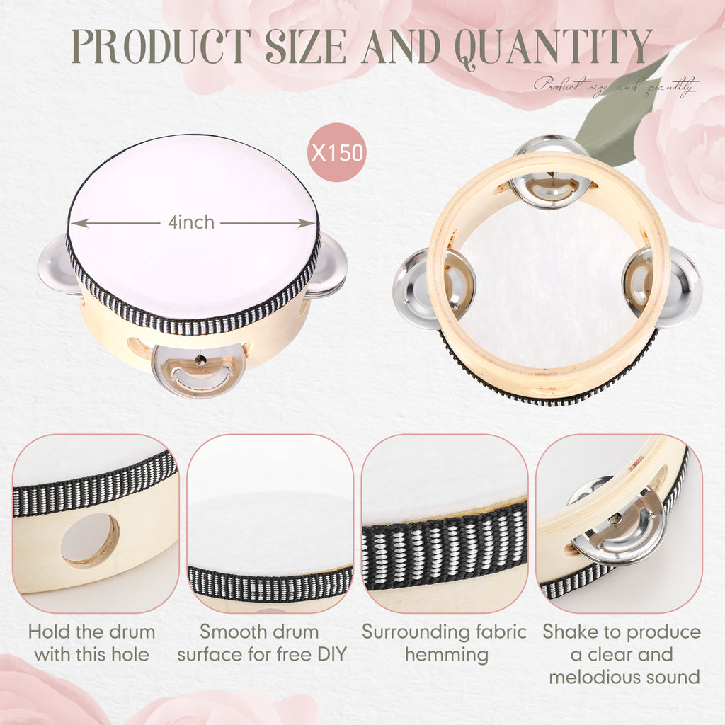 [Wedding Party Favor] 150pcs 4 Inch Wedding Tambourine Bulk Drum for Adults Hand Held Percussion Gift Wood Metal Jingles Musical Educational Drum Instrument for Church Wedding Party Favor